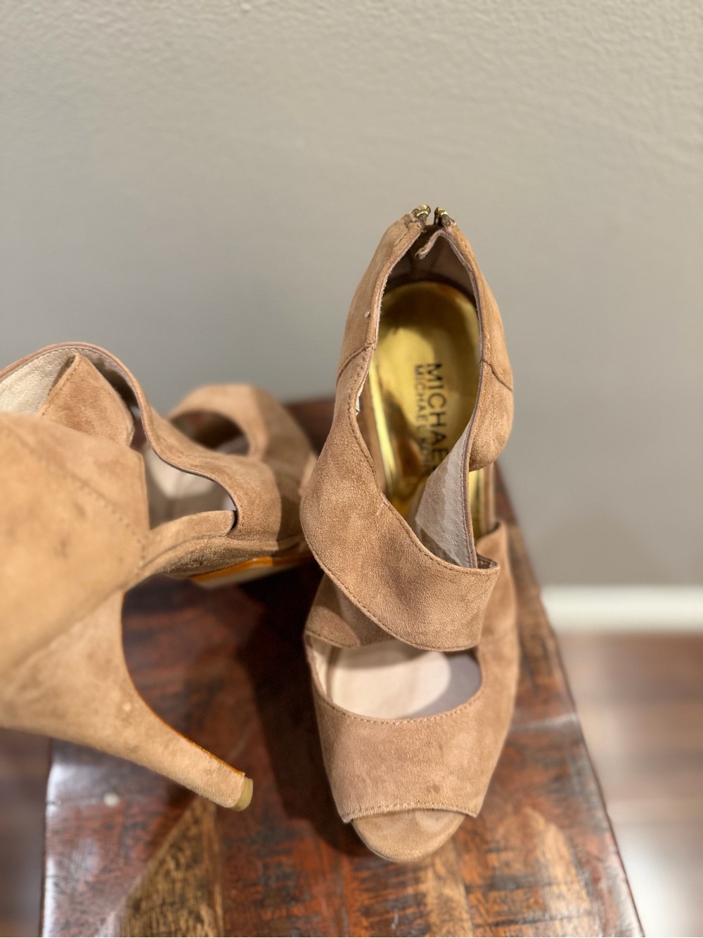 MICHAEL Michael Kors Tan Suede Crisscross Peep-Toe Heels with Gold Insole